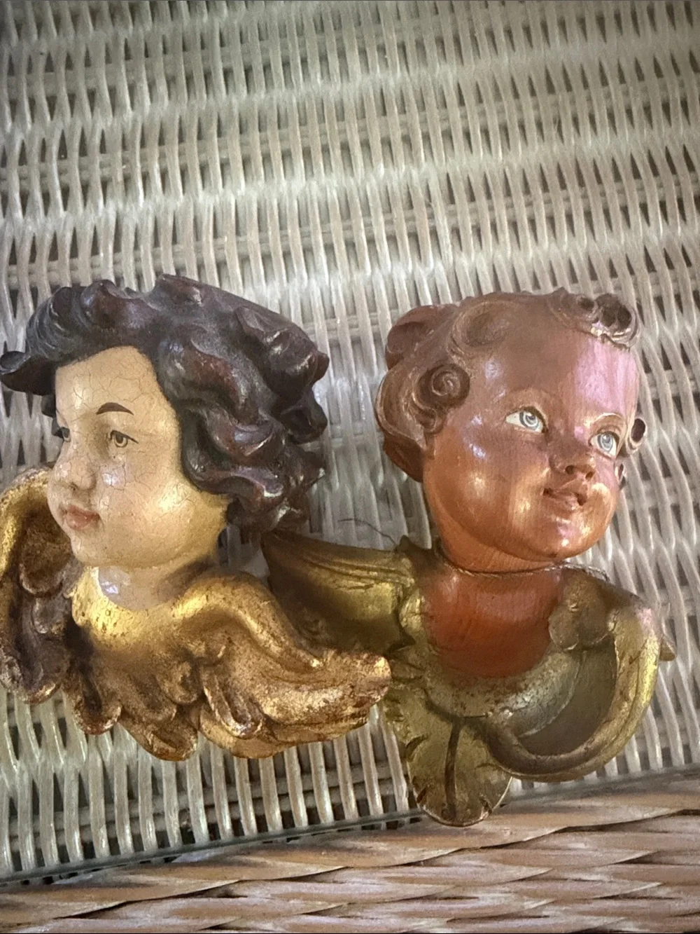 Hand-Painted antique wooden Gold and Brown Cherub hand painted Wall Decor Pair